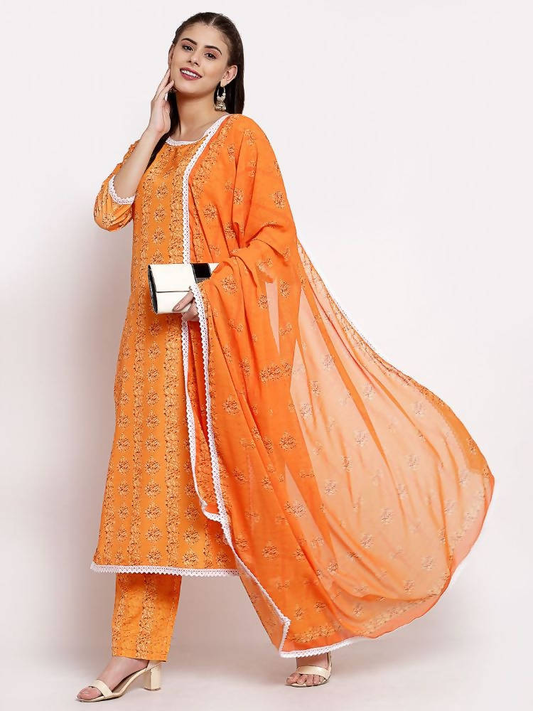 Myshka Women's Orange Cotton Printed 3/4 Sleeve Round Neck Casual Kurta Pant Dupatta Set | Grab2Buy