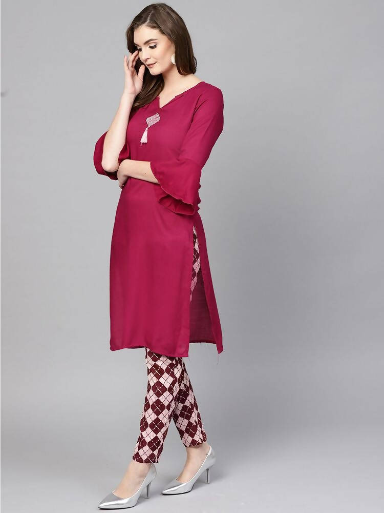 Yufta Women Burgundy Solid Bell Sleeves Straight Kurta with Tassel Detail | Grab2Buy