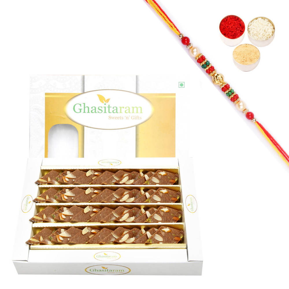 Ghasitaram Chocolate Kaju Katli With Pearl Beads Rakhi | Grab2Buy