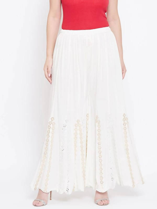 Mominos Fashion White Mirror Flower Work Palazzo | Grab2Buy