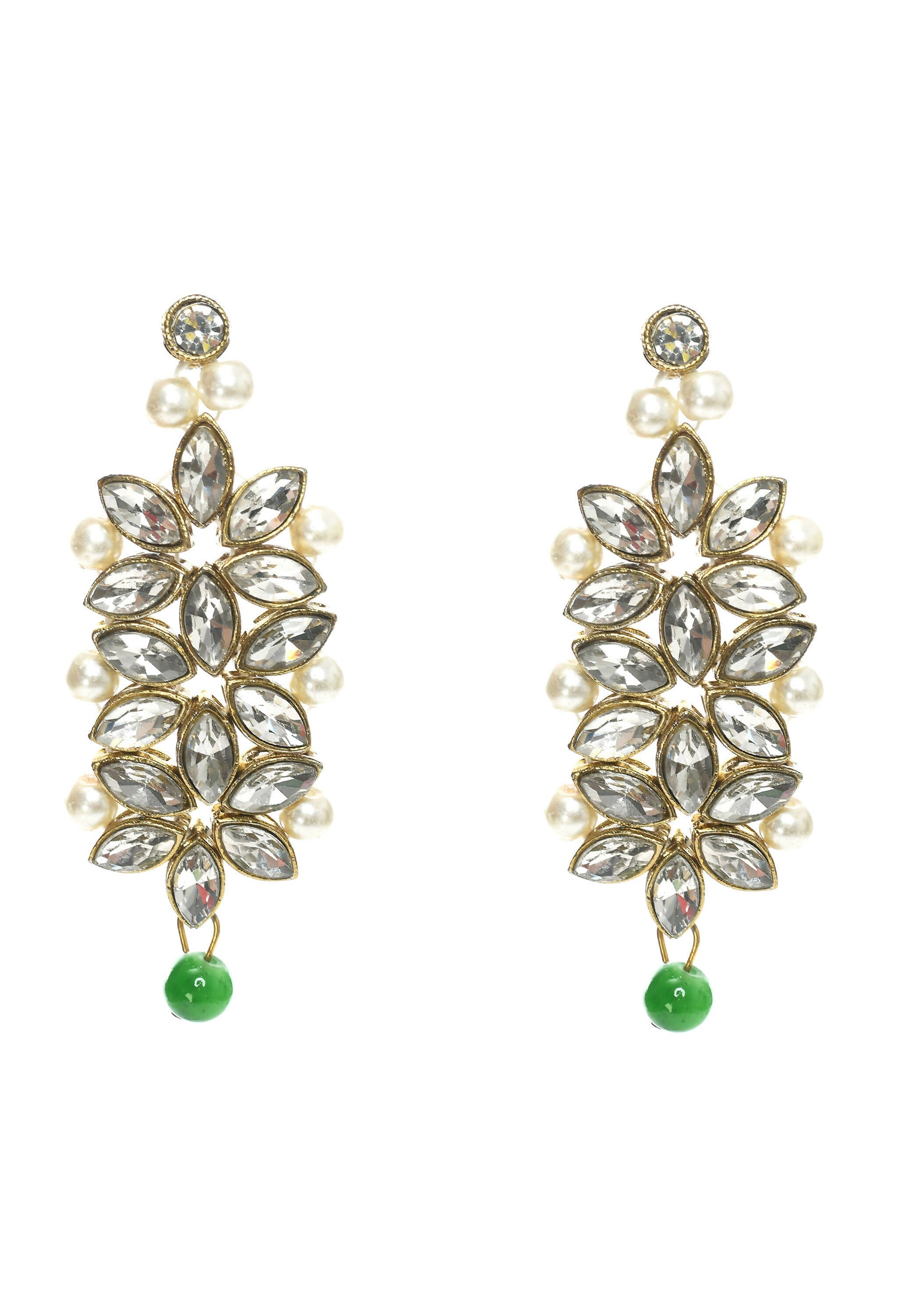 Mominos Fashion Johar Kamal Gold-Polished Rani Haar with Green and Off white Pearls Jewellery Set | Grab2Buy