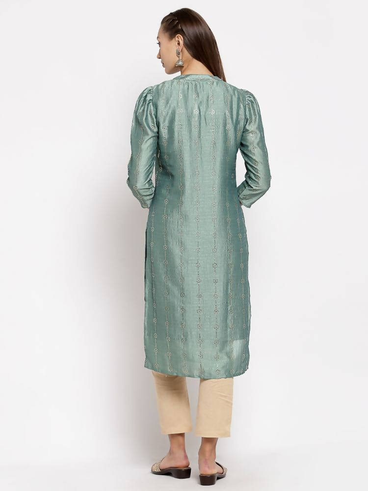 Myshka Women's Green Silk Solid Full Sleeve Round Neck Casual Kurta | Grab2Buy