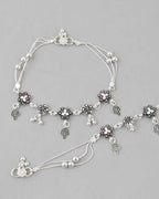 VOJ Set of 2 Silver Plated Flower Shaped Stone Studded Anklet