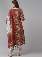 Yufta Women Maroon Floral Printed Regular Thread Work Pure Cotton Kurta with Palazzo & With Dupatta | Grab2Buy