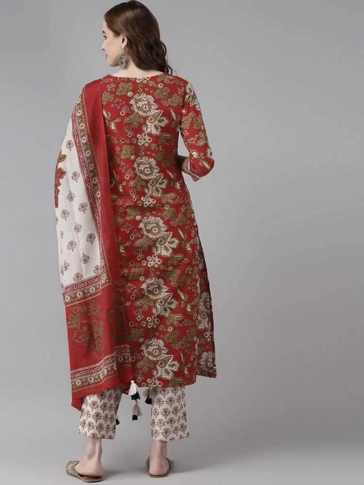 Yufta Women Maroon Floral Printed Regular Thread Work Pure Cotton Kurta with Palazzo & With Dupatta | Grab2Buy