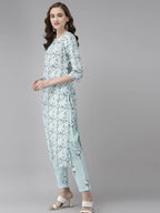 Yufta Women Blue & White Floral Printed Pure Cotton Kurta with Trouser & Dupatta | Grab2Buy