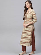 Yufta Women Beige Ethnic Motifs Printed Pure Cotton Kurta with Trouser & Dupatta | Grab2Buy