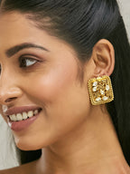 Nuyug 22K Gold-Plated Kundan & Filigree Concept Rectangular Leafy Studs | Grab2Buy