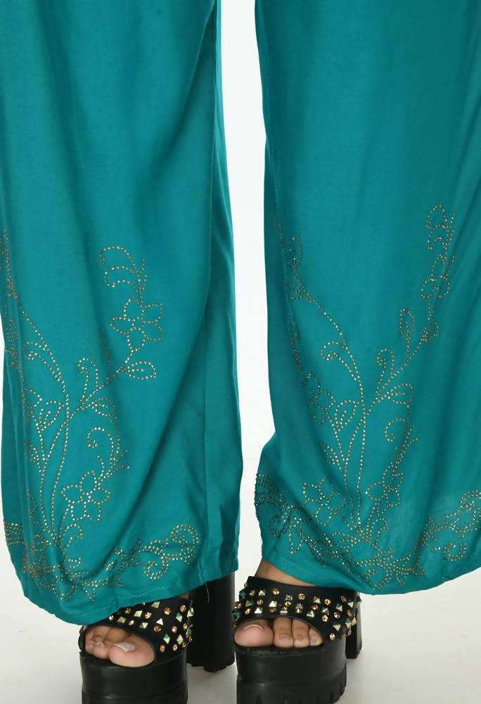 Mominos Fashion Moeza Reyon Cotton Rama Green Color Sirsoki Work Palazzo | Grab2Buy