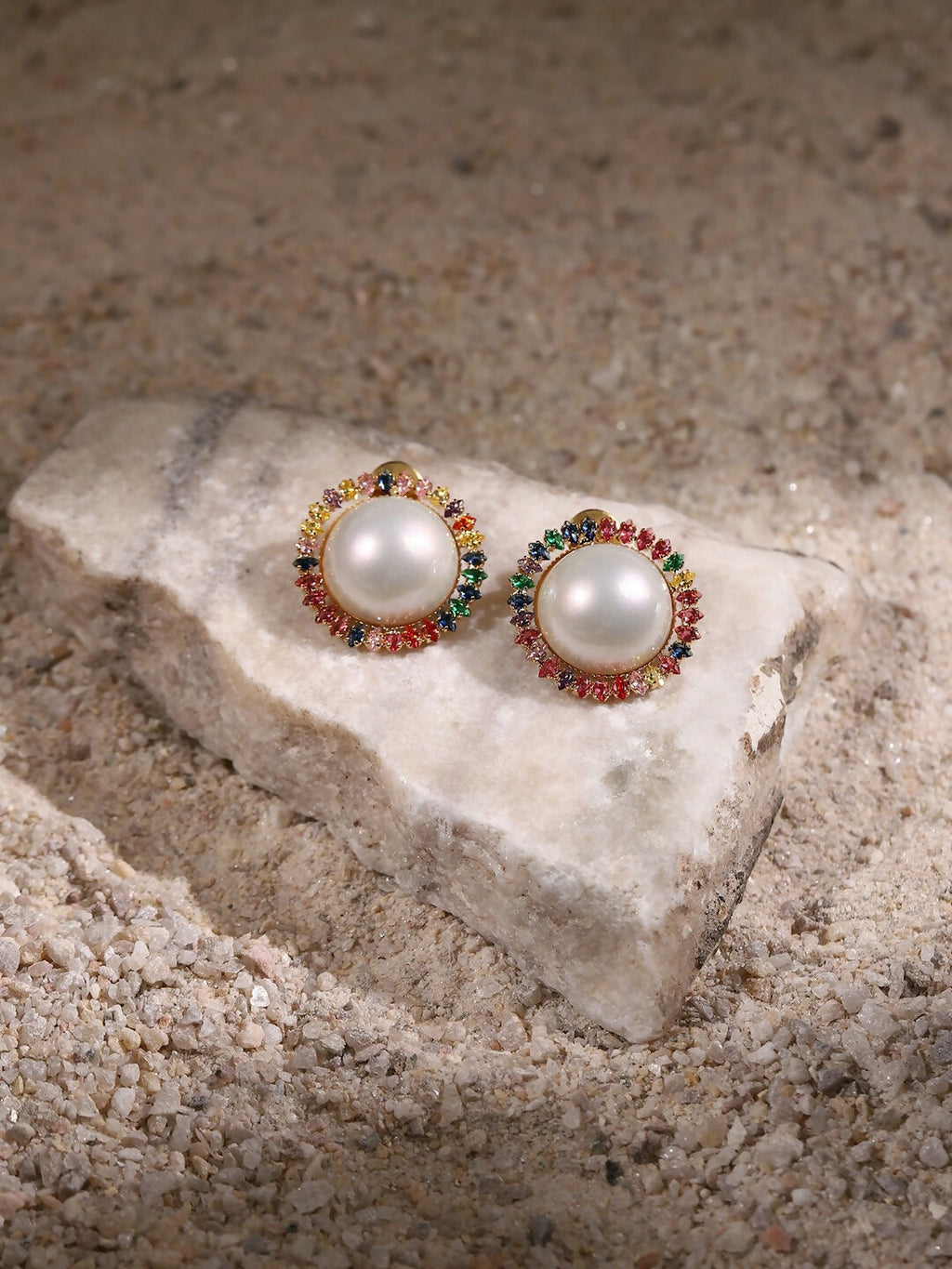 Pearl Studs with Multi Stones- Ruby Raang | Grab2Buy