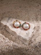 Pearl Studs with Multi Stones- Ruby Raang | Grab2Buy