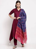 Myshka Women's burgundy Cotton Solid Half Sleeve Collar Neck Casual Kurta Pant Dupatta Set | Grab2Buy