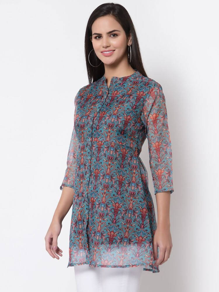Myshka Women's Beautiful Organza Printed 3/4 Sleeve Round Neck Casual Multicolor Tunic | Grab2Buy