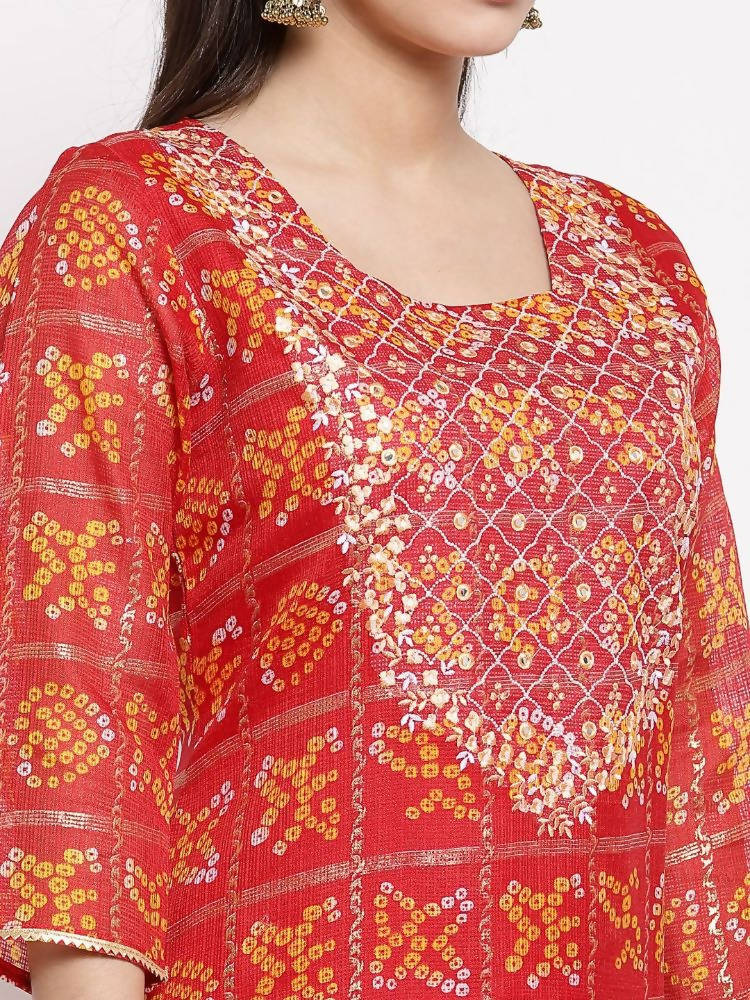 Myshka Women's Red Cotton Printed 3/4 Sleeve Square Neck Casual Kurta | Grab2Buy