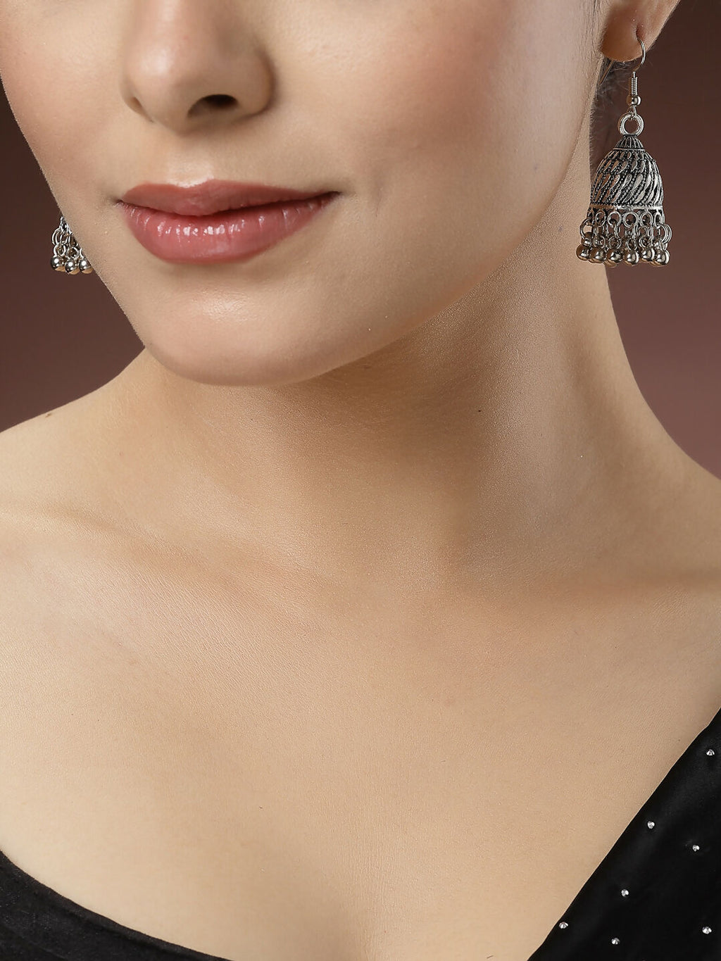 NVR Women's Silver-Toned German Silver Oxidised Dome Shaped Jhumka Earrings | Grab2Buy