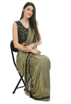 Mominos Fashion All Season Wear Olive Green And Black Ruffled With Blouse Ready To Wear Saree | Grab2Buy