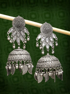 NVR Women's Silver-Plated Oxidised Artificial Stones Dome Shaped Jhumka Earrings | Grab2Buy