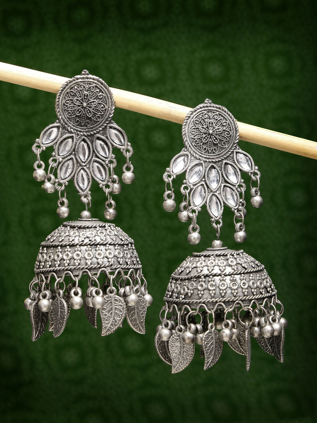NVR Women's Silver-Plated Oxidised Artificial Stones Dome Shaped Jhumka Earrings | Grab2Buy