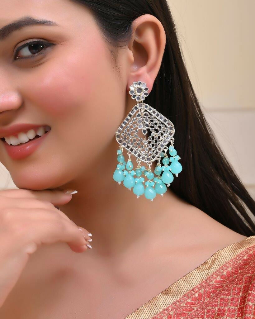 VOJ Gold-Polished Kundan And Teal Stone Studded Drop Earrings | Grab2Buy