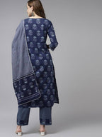 Yufta Women Navy Blue Gotta Patti Pure Cotton Kurta with Palazzo and Dupatta | Grab2Buy