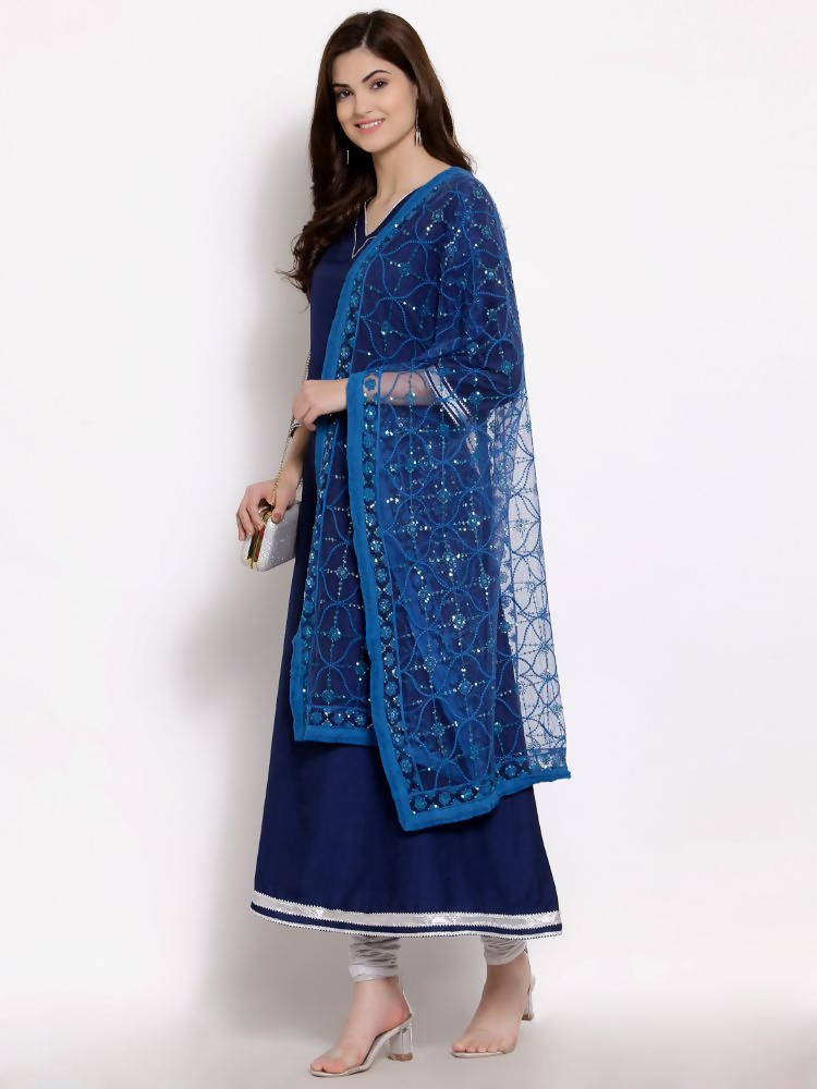 Myshka Women's Navy Blue Cotton 3/4 Sleeve V Neck Solid Casual Anarkali Kurta Dupatta Set | Grab2Buy