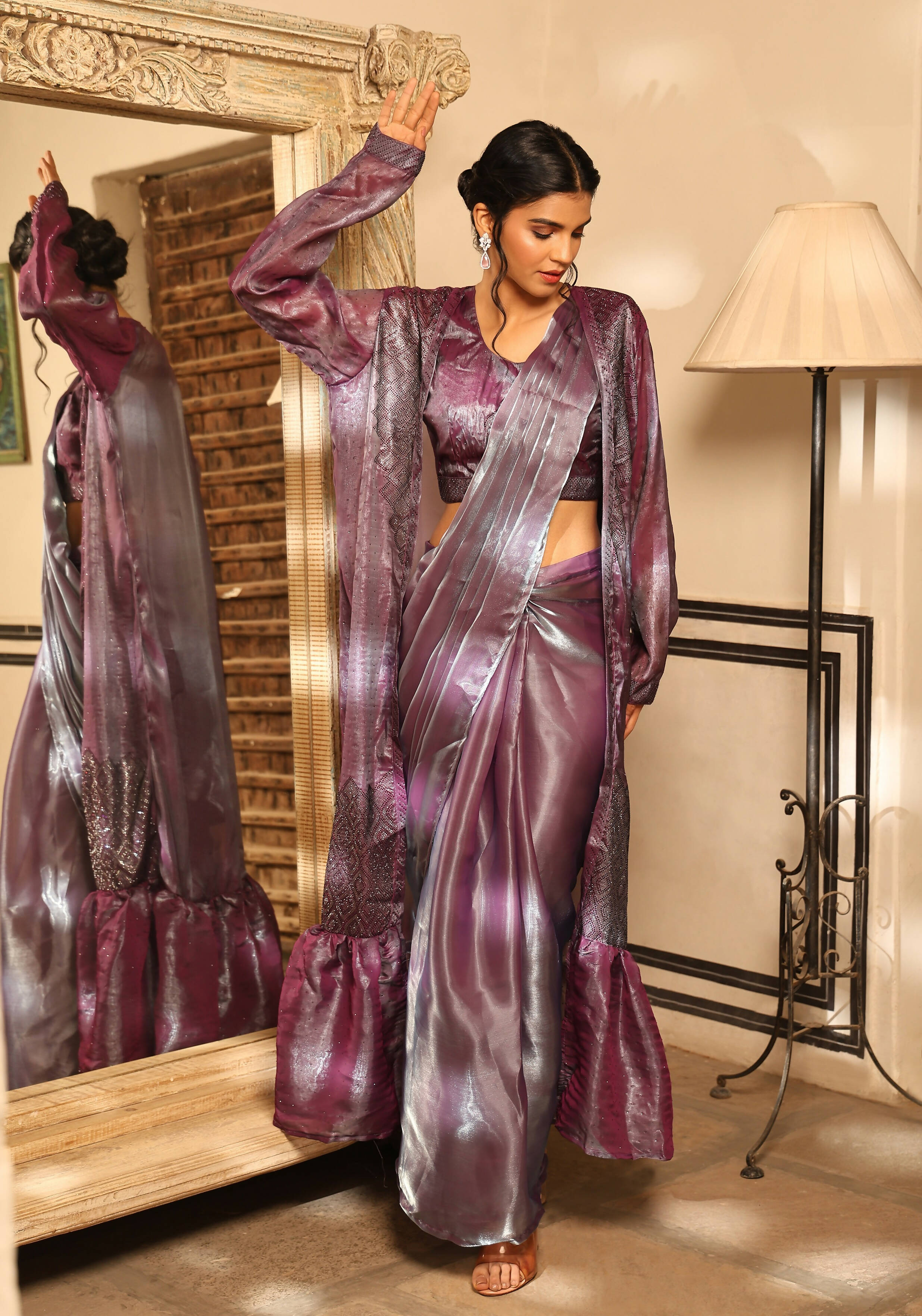 Lavender Tom Silk Plain Ready To Wear Saree With Stitched Blouse - Satiksha | Grab2Buy