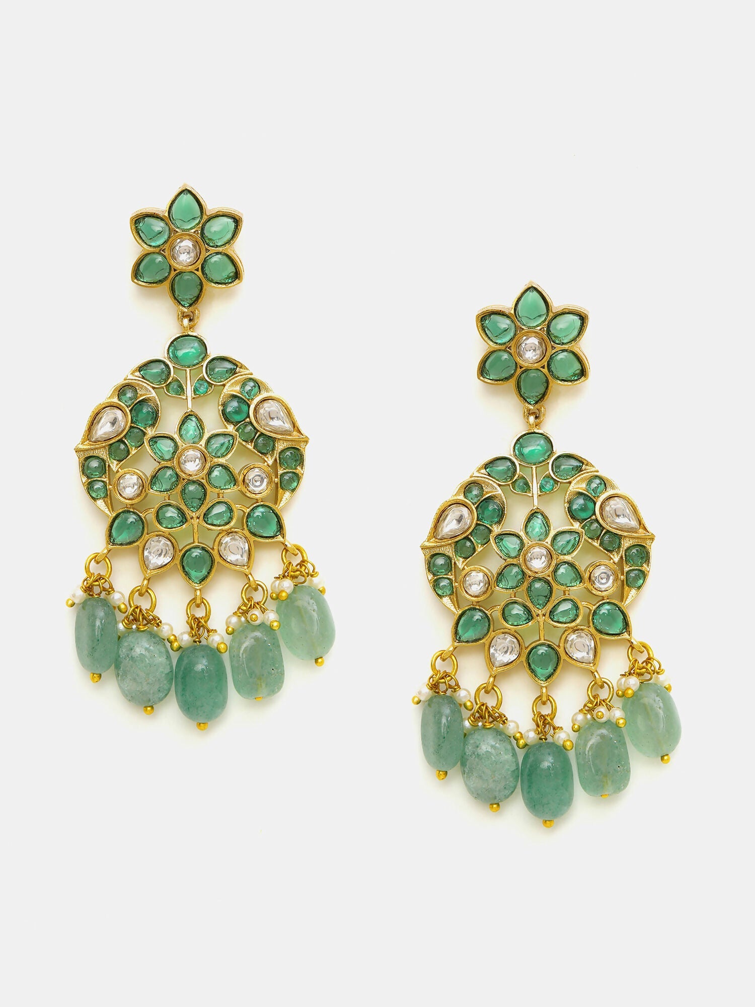 Ruby Raang Gold Polished Green Kundan Earrings | Grab2Buy