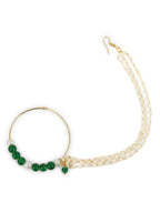 Gold-Polished White Green Stone-Studded Pearl Beaded Nosepin - Ruby Raang | Grab2Buy