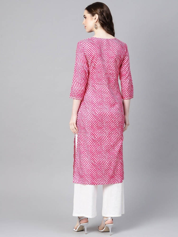 Yufta Women Pink & White Leheriya Print Straight Kurta | Grab2Buy