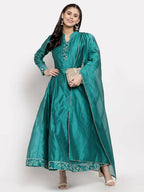 Myshka Women's Green Silk Solid Full Sleeve Mandarin Neck Casual Anarkali Gown | Grab2Buy