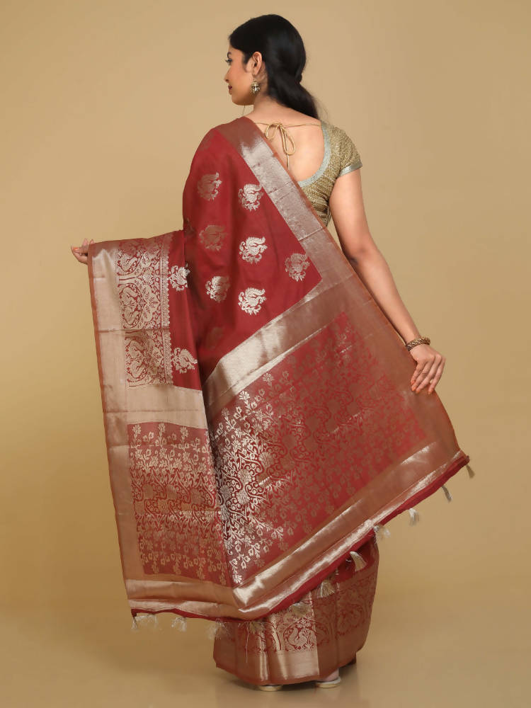 Kalamandir Peacock Print Red Silk Blend Saree | Grab2Buy