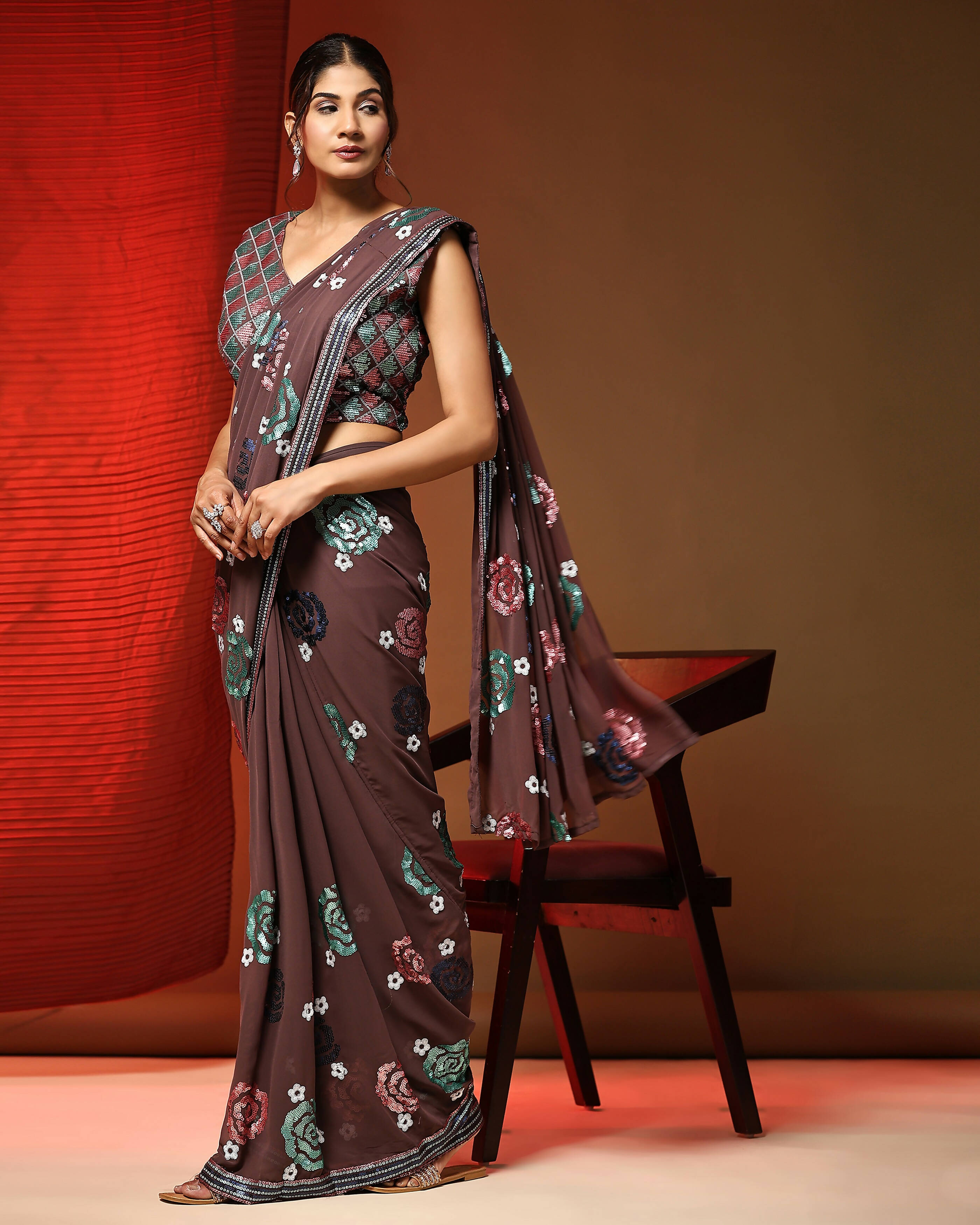 Brown Pure Georgette Sequence work Ready to wear Saree with stitched Blouse - Nirvana | Grab2Buy
