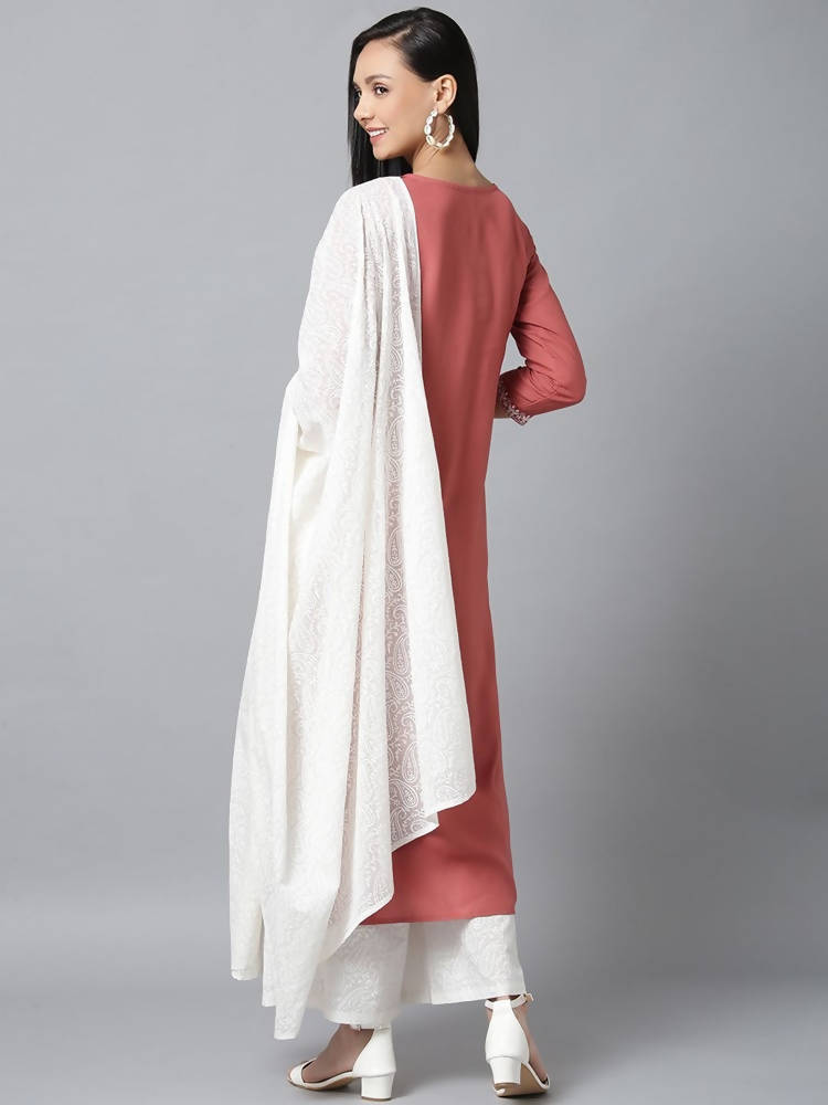 Yufta Women Pink & White Yoke Design Kurta with Palazzo & Dupatta | Grab2Buy