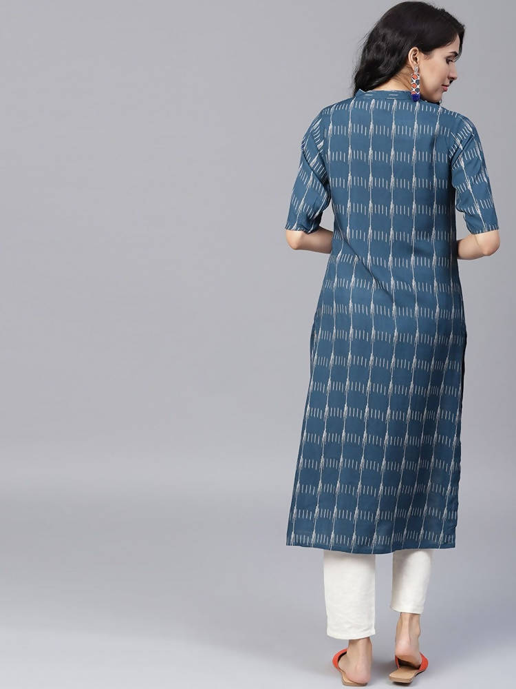 Yufta Women Navy Blue & Off-White Printed Straight Kurta | Grab2Buy