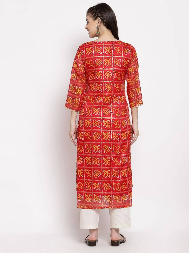 Myshka Women's Red Cotton Printed 3/4 Sleeve Square Neck Casual Kurta | Grab2Buy