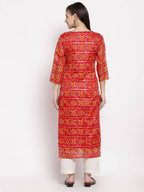 Myshka Women's Red Cotton Printed 3/4 Sleeve Square Neck Casual Kurta | Grab2Buy