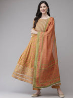 Yufta Yellow Printed kurta with Trouser Dupatta Set | Grab2Buy