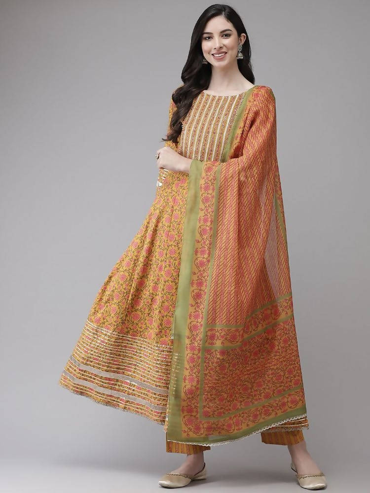 Yufta Yellow Printed kurta with Trouser Dupatta Set | Grab2Buy