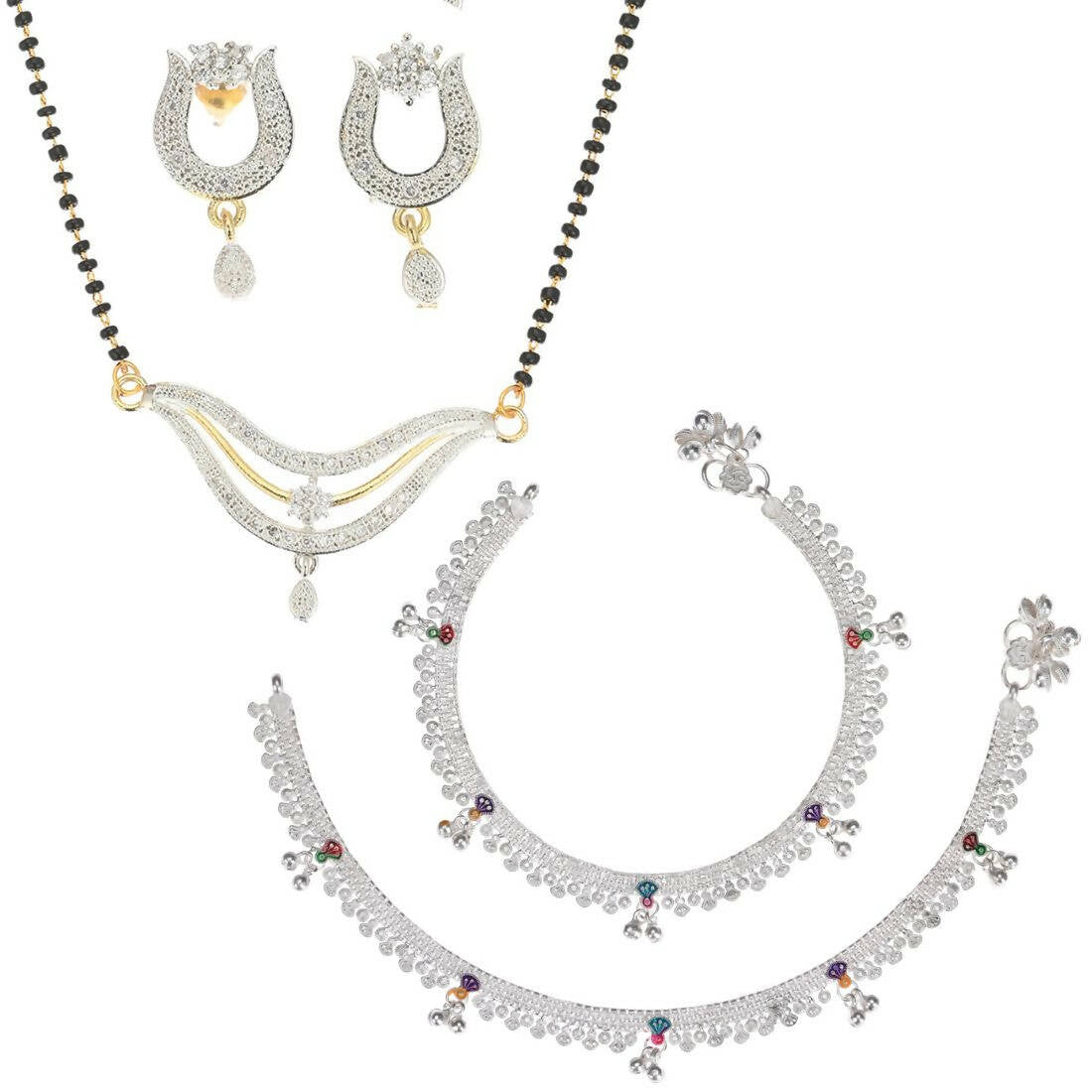 AanyaCentric Gold-Polished Mangalsutra Pendant Earring Set & Silver Plated Anklet | Grab2Buy