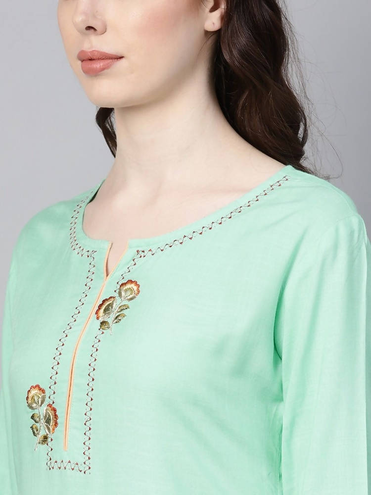 Yufta Women Sea Green & Peach Embroidered Kurta with Palazzo | Grab2Buy