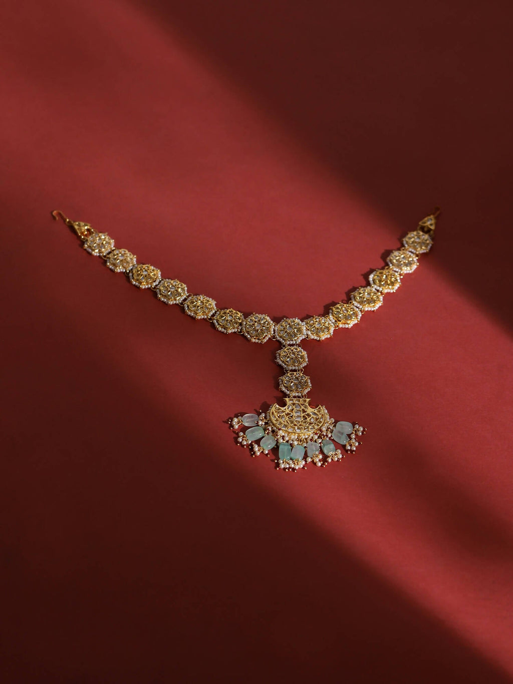 Gold-Polished White Blue Kundan-Studded Pearl Beaded Matha Patti - Ruby Raang | Grab2Buy