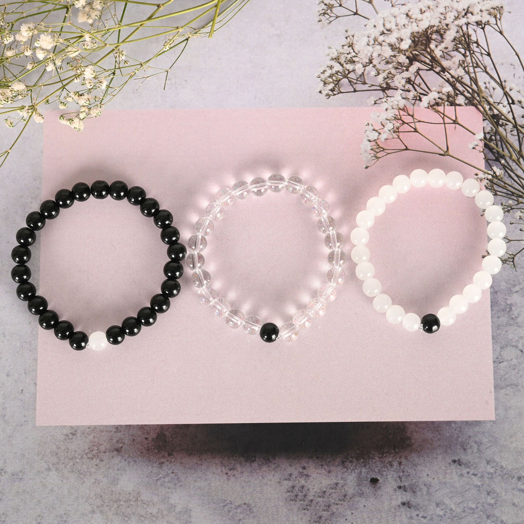 NVR Men & Women Transparent & White & Black Marbel Crystal Elasticated Bracelet | Grab2Buy