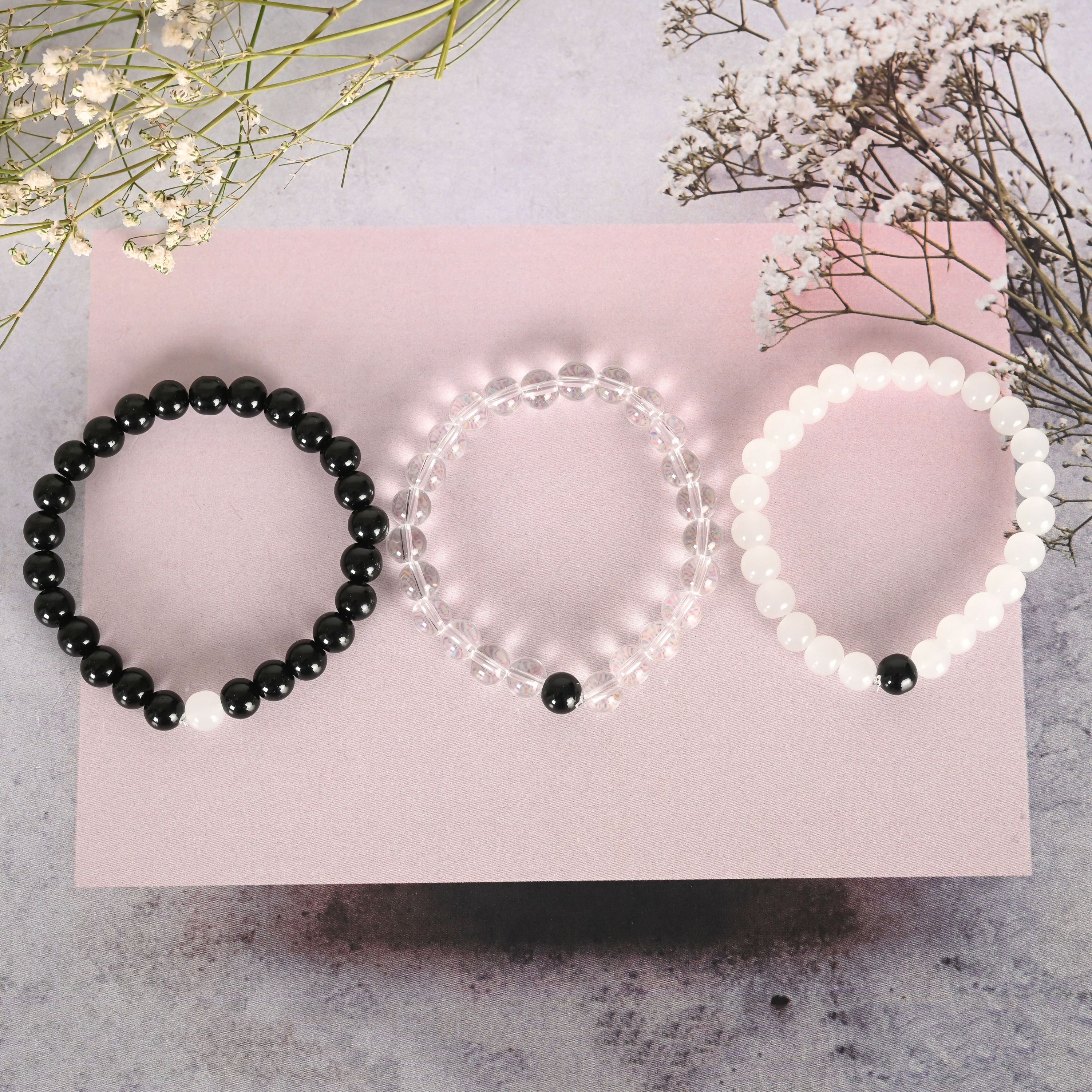 NVR Men & Women Transparent & White & Black Marbel Crystal Elasticated Bracelet | Grab2Buy