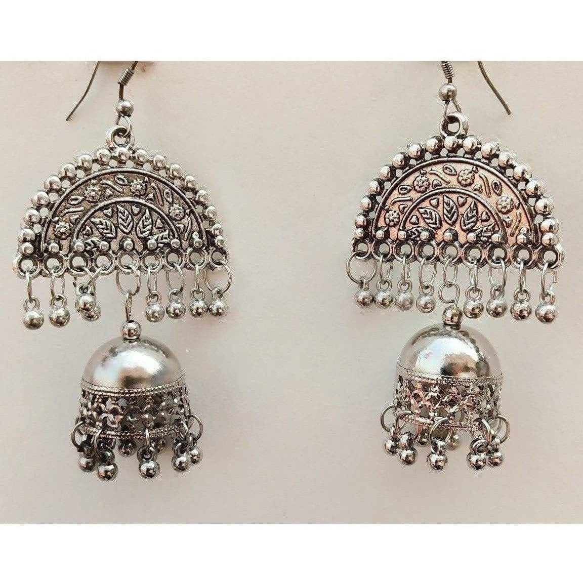 MS Fashion India Half Moon Silver Oxidized Jhumka Pearl Tassel Earrings | Grab2Buy