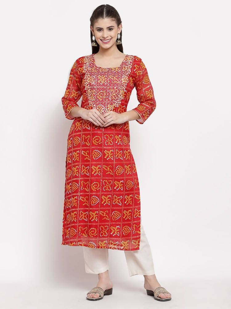 Myshka Women's Red Cotton Printed 3/4 Sleeve Square Neck Casual Kurta | Grab2Buy