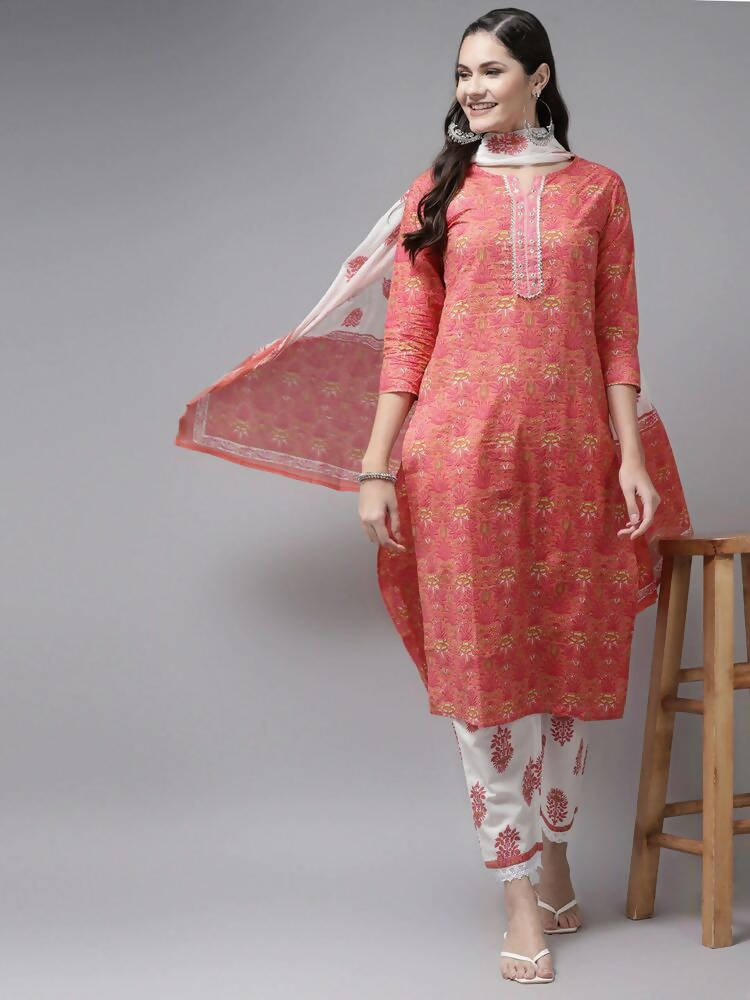 Yufta Women Pink & White Ethnic Motifs Printed Mirror Work Kurta with Palazzo & Dupatta | Grab2Buy