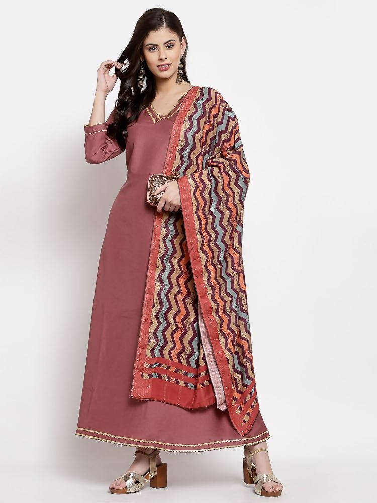 Myshka Women's Dark Pink Cotton Solid 3/4 Sleeve V Neck Casual Anarkali Gown | Grab2Buy