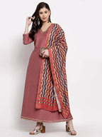 Myshka Women's Dark Pink Cotton Solid 3/4 Sleeve V Neck Casual Anarkali Gown | Grab2Buy