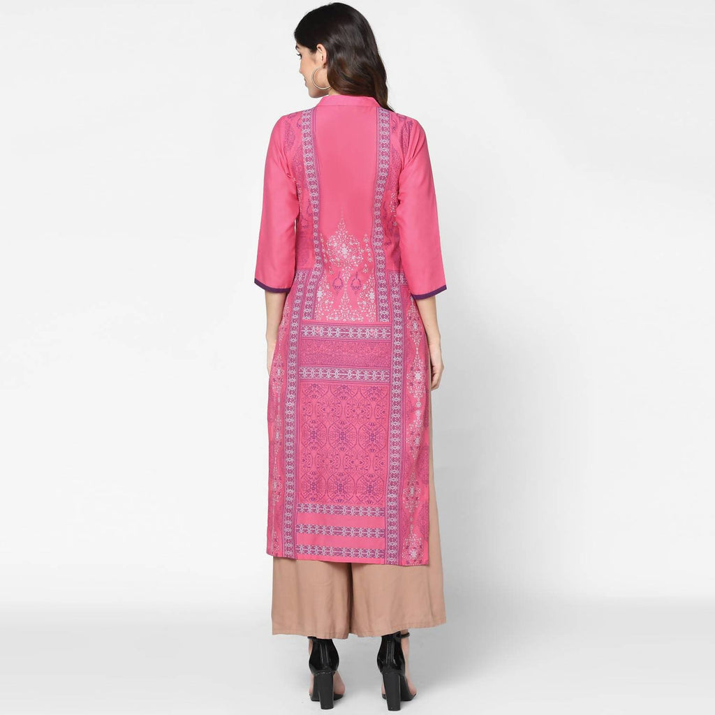Cheera Hand Block Print Baby Pink Straight Kurta (MAAI-048K) | Grab2Buy