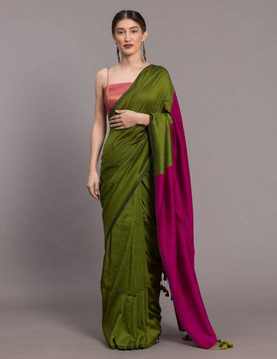 Suta Green Pink Colourblocked Saree
